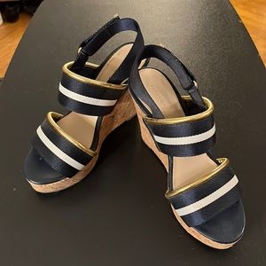 Navy, white, and gold cork wedge sandals